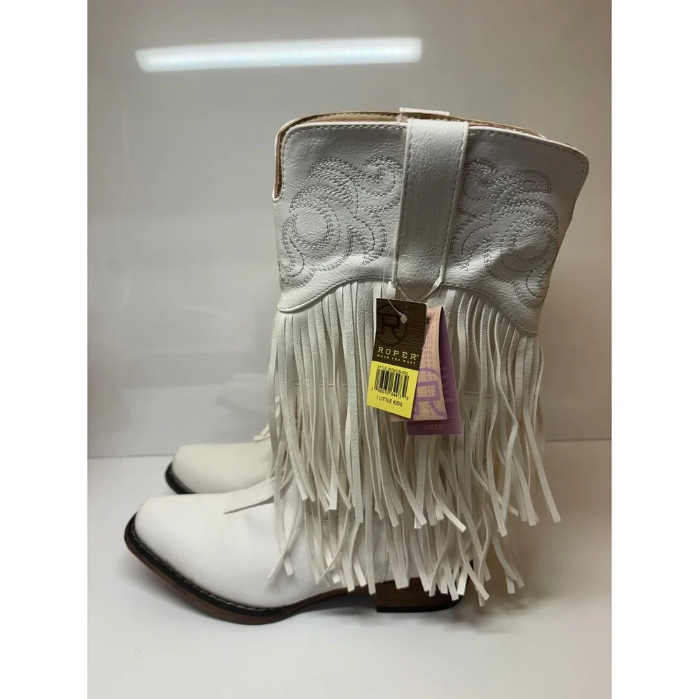 Roper Girls White Faux Leather Fringe Rickrack Snip Toe Cowboy Boots Size 1 NEW